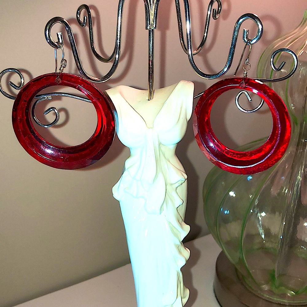 Vintage cherry red lucite hoop earrings - 2”